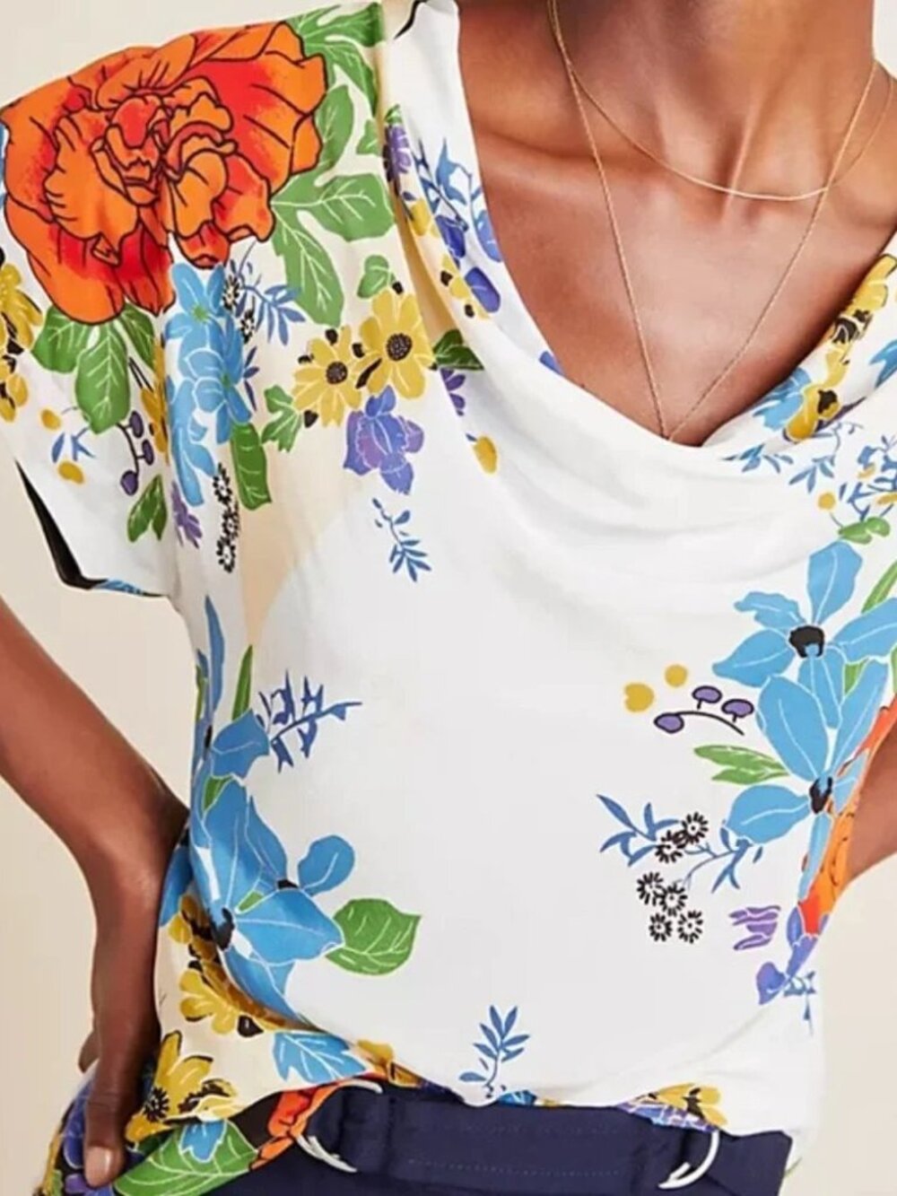 100% Silk Anthropologie Maeve Multi Color Floral Cowl Neck Blouse